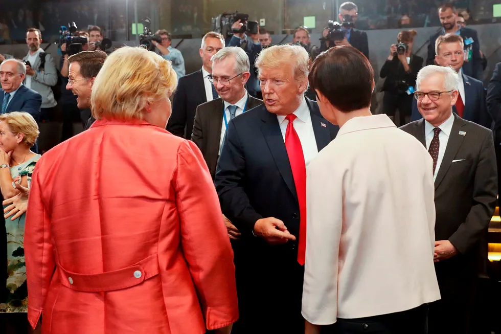 Donald Trump møtte statsminister Erna Solberg og utenriksminister Ine Eriksen Søreide i Brussel denne uken. Foto: Pablo Martinez Monsvais/AFP/NTB Scanpix