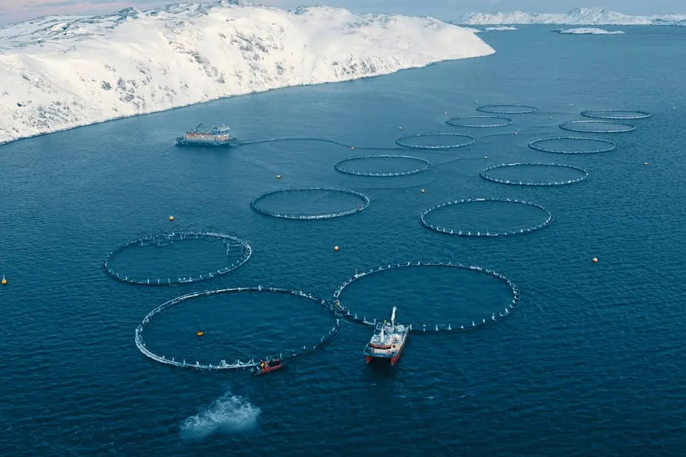 An aerial view of Inarctica's salmon farms.