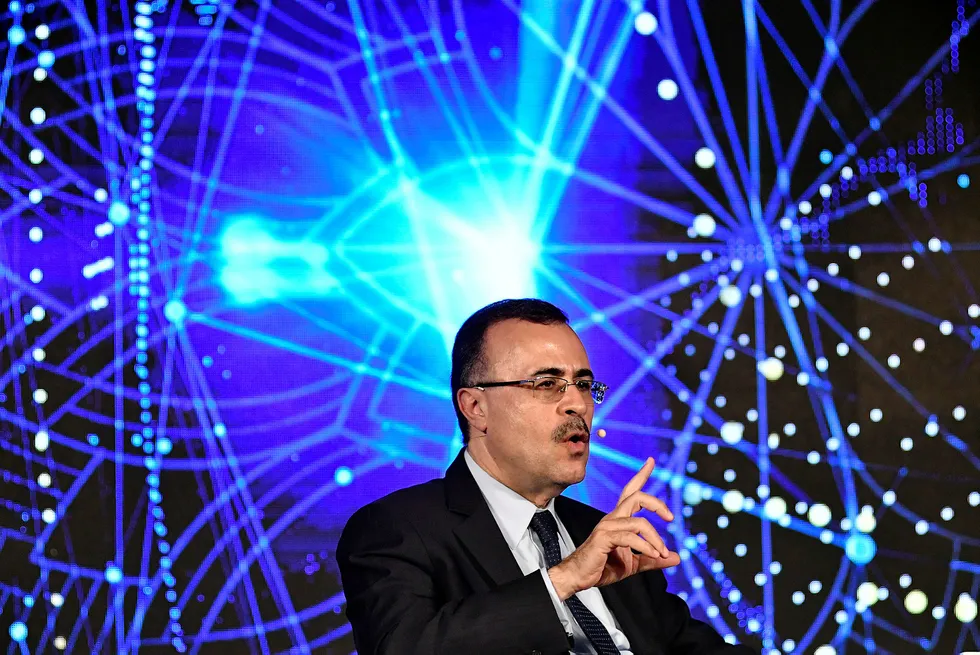Saudi Aramco-sjef Amin Nasser sier at børsnoteringen av selskapet er i rute, men at regler gitt av myndighetene begrenser informasjonen selskapet kan gi ut. Foto: Anindito Mukherjee/Bloomberg