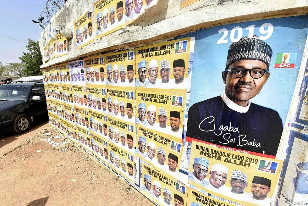 Forthcoming elections: a wall poster shows the incumbent Nigerian President Mohammadu Buhari