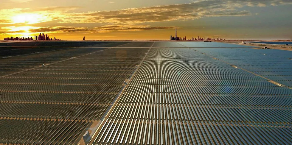 A rendering of the massive Mohammed Bin Rashid Al Maktoum solar park in Abu Dhabi.