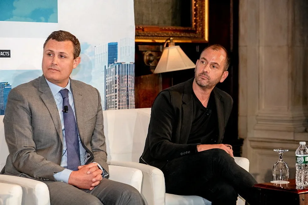 Larsen Mettler, managing director of S2G Ventures, and Chris Gorell Barnes, founding partner at Ocean 14 Capital speaking at the IntraFish Investor Forum in New York.