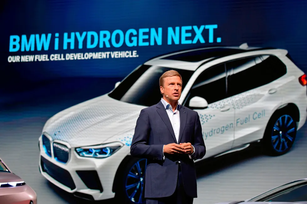 BMW CEO Oliver Zipse, presenting the hydrogen-powered iX5 at a press conference in 2019.