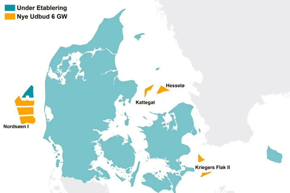 Map of the locations up for grabs in Denmark's 6GW offshore wind tender (with new areas in yellow).