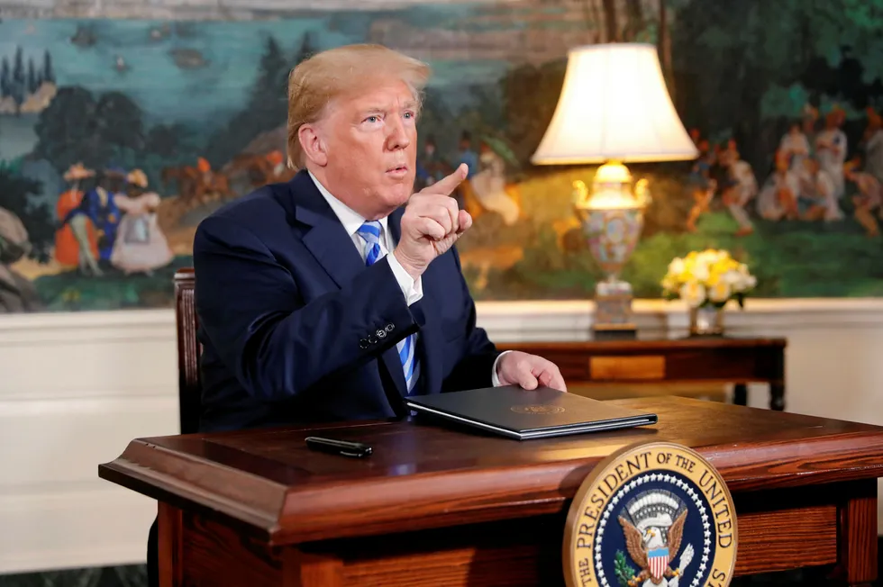 Making his point: US President Donald Trump speaks after announcing his intent to withdraw from the Iran nuclear agreement