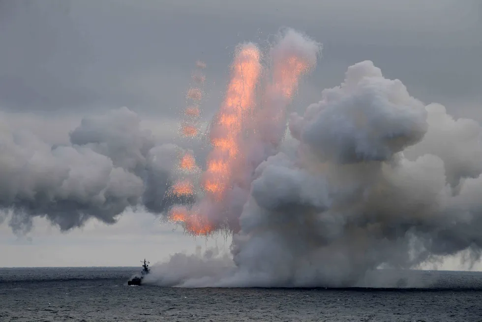 Reality bites: A Russian Navy ship pictured during exercises in the Black Sea off the coast of the Crimea Peninsula, in January 2020.