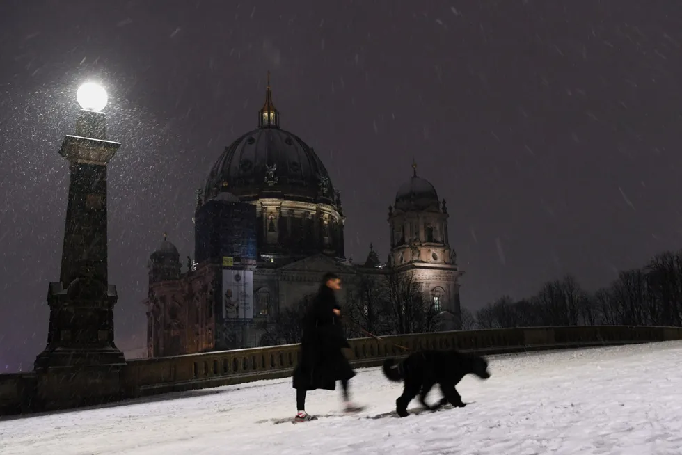 Kulde over Europa sender strømprisen opp. Her er en berliner på luftetur med hunden ved katedralen i byen, Berliner Dom.