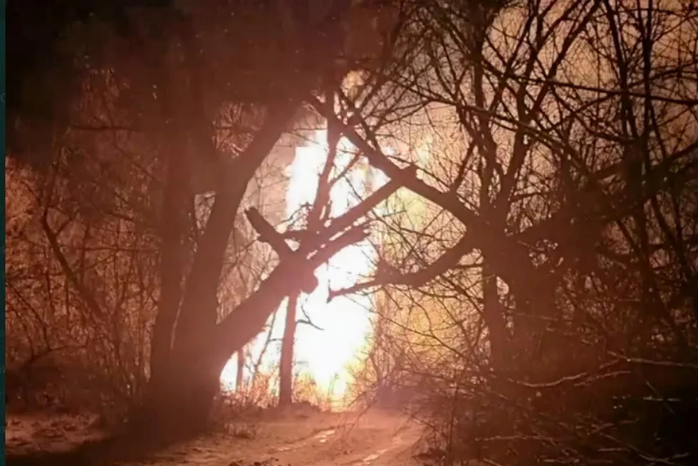 Night fire: gas escaping and burning at a regional pipeline in breakaway Luhansk region.