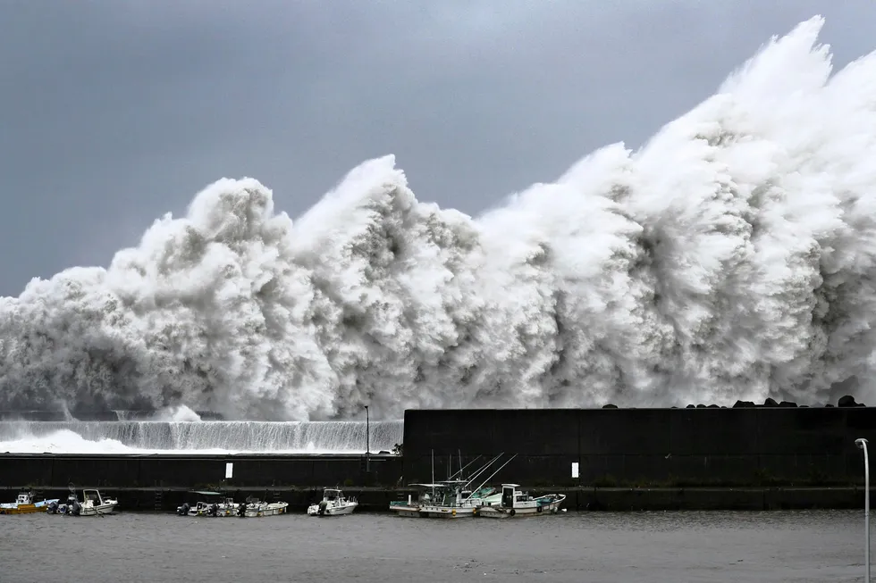 High waves triggered by Typhoon Jebi are seen at a fishing port in Aki, Kochi Prefecture, western Japan, in this photo taken by Kyodo September 4, 2018. Mandatory credit Kyodo/via REUTERS ATTENTION EDITORS - THIS IMAGE WAS PROVIDED BY A THIRD PARTY. MANDATORY CREDIT. JAPAN OUT. TPX IMAGES OF THE DAY ---