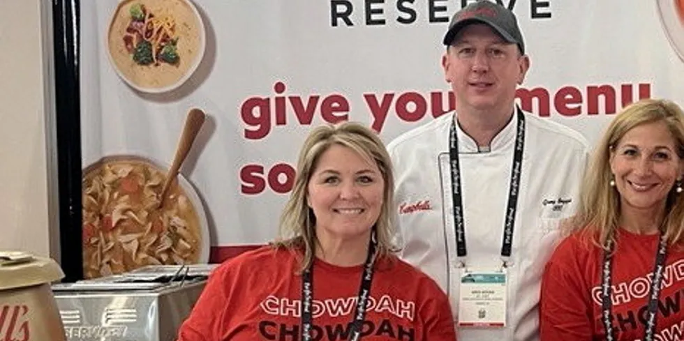 From left to right: Campbell's Director of Corporate Accounts Martha Murray; Chef Greg Boggs, senior chef on the Campbell’s Foodservice team; and Angela Carey, director Of corporate accounts at Campbell Soup Company. The group attended the Boston Seafood Expo in March.