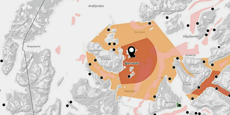 Kart som viser ILA-sonen utenfor Harstad. Fire nabolokaliteter ble inkludert i bekjempelsessonen av Mattilsynet.