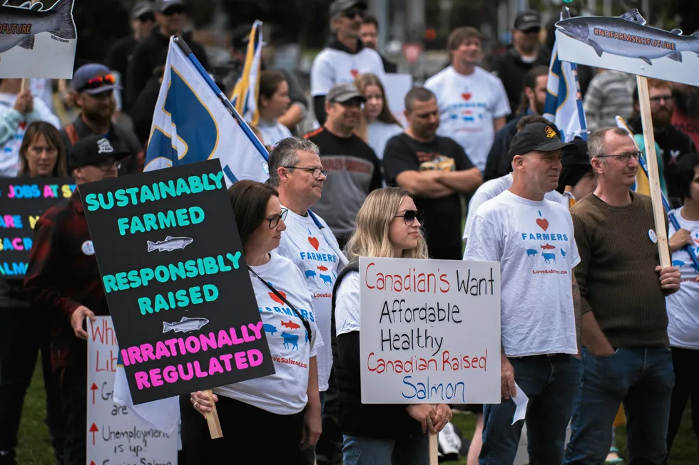 Groups opposing Canada's Liberal government's decision to transition from netpen salmon farming in British Columbia protested in Nanaimo, BC, Sept. 11.