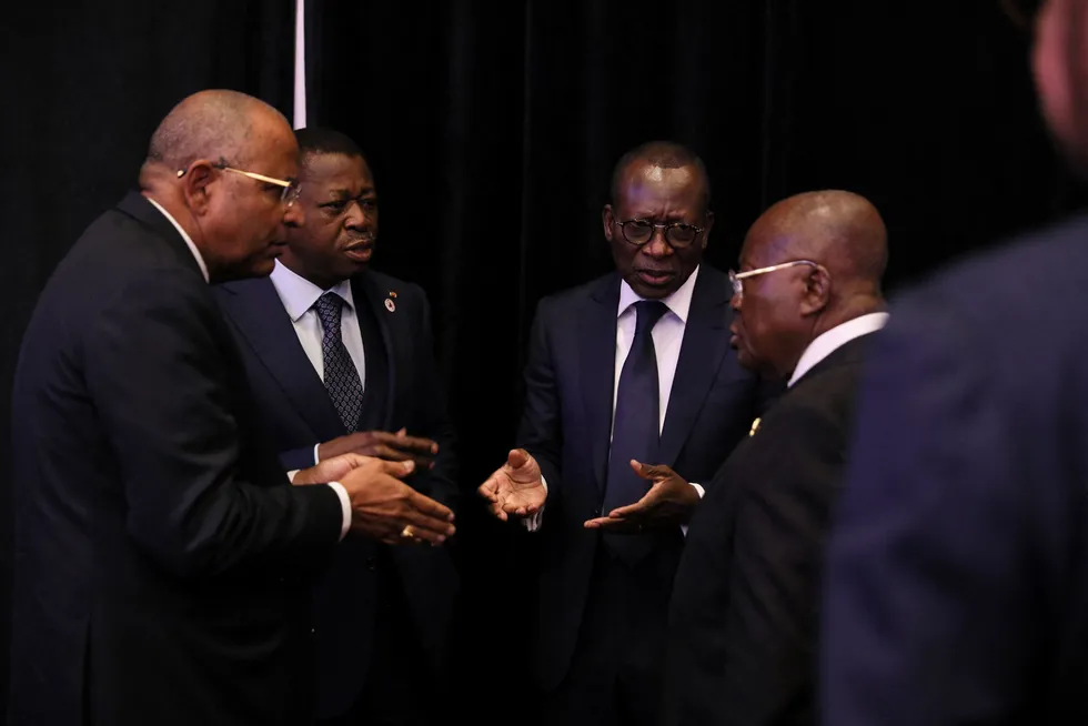 Urgent problem: (from left) Ivory Coast Prime Minister Patrick Achi, Togo President Faure Gnassingbe, Benin President Patrice Talon and Ghana President Nana Akufo-Addo talk during a counter-terrorism gathering in Accra