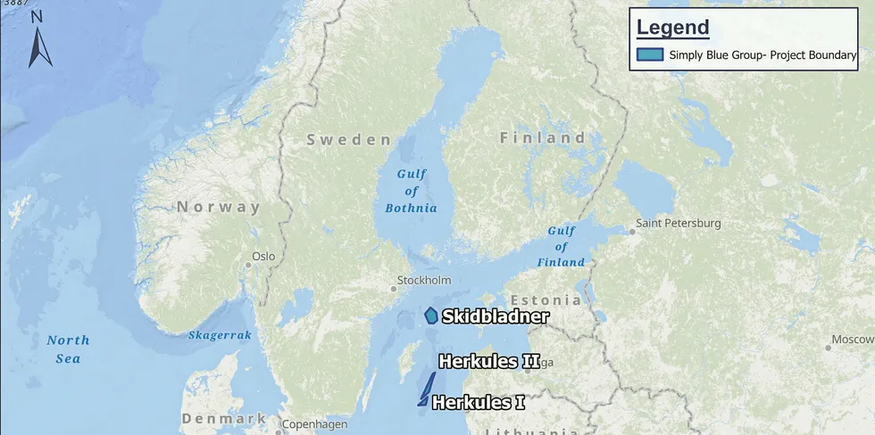 Map showing Simply Blue's floating wind sites off Sweden