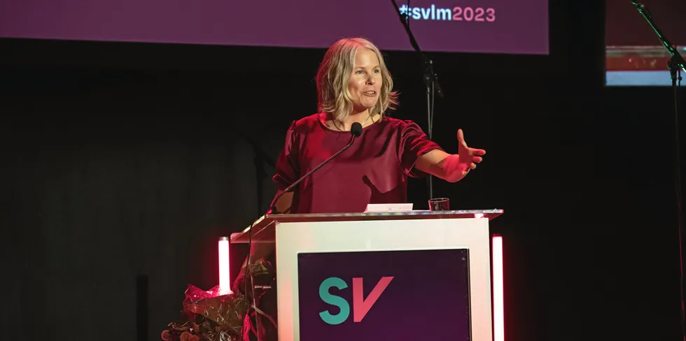 . SV-leder Kirsti Bergstø holder tale til landsmøtet etter å ha blitt valgt som ny partileder.