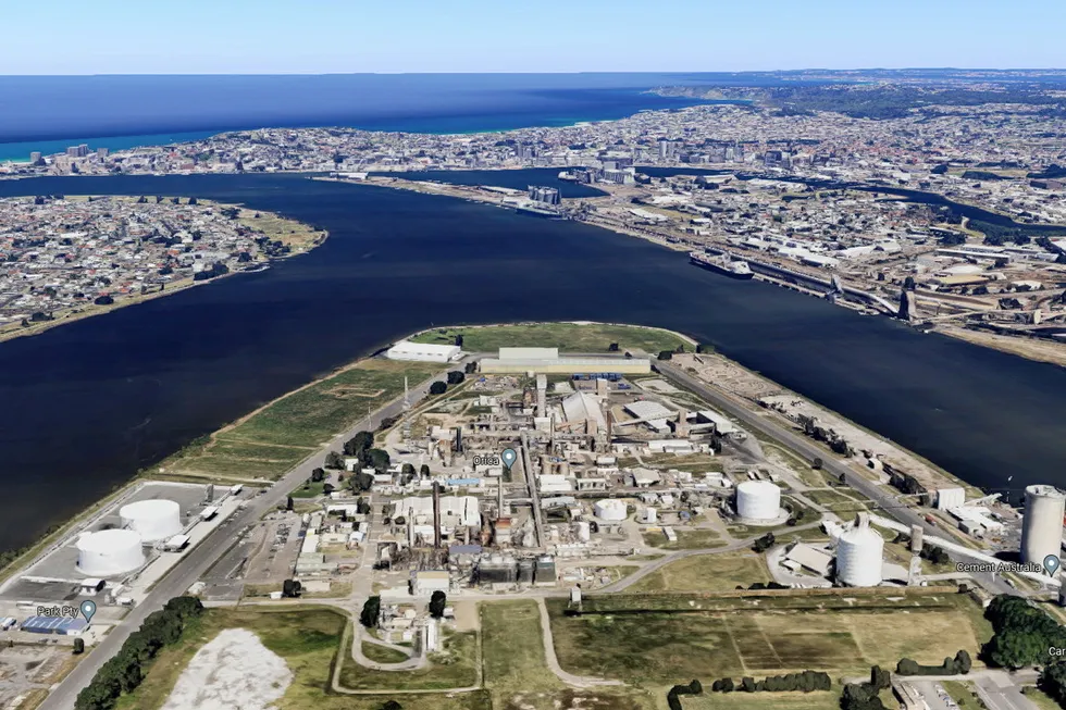 An artificially created 3D image of Orica's existing plant on Kooragang Island, with the city of Newcastle in the background.