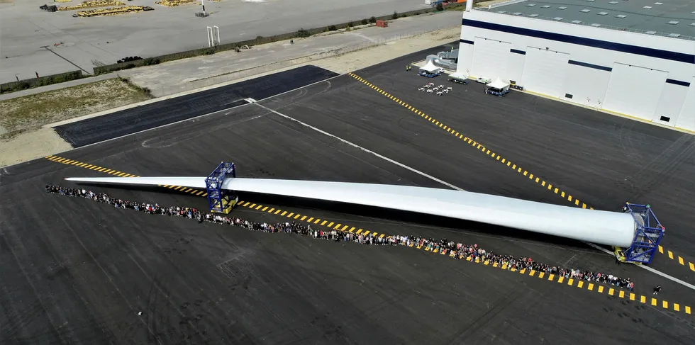 LM Wind Power's record-setting 107-metre-long blade outside GE's factory in Cherbourg, France