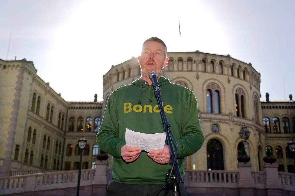Leder i Norges Bondelag Bjørn Gimming under Norges Bondelags markering av starten på lønnsoppgjøret med en politikerfrokost foran Stortinget onsdag.