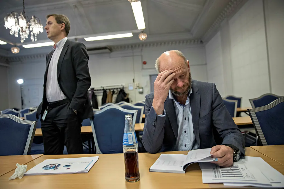 Administrerende direktør Stein Lier-Hansen (til høyre) og direktør Knut E. Sunde i Norsk Industri presenterer Norsk Industri sin Konjunkturrapport tirsdag. Foto: Aleksander Nordahl