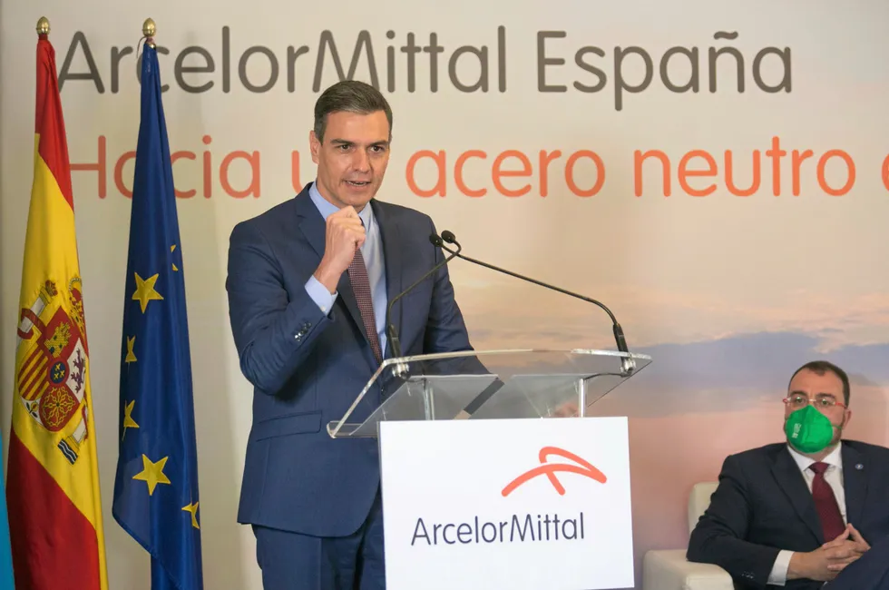 Spanish Prime Minister Pedro Sanchez speaking at the presentation of ArcelorMittal's Gijón decarbonisation plan back in July 2021.