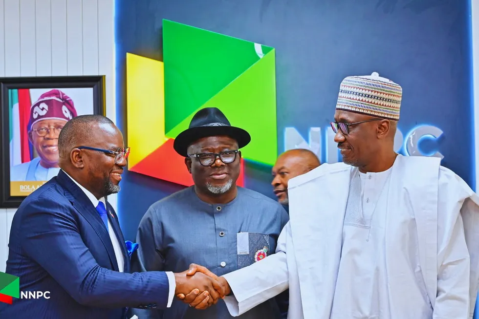 New stakeholder: Julius Rone, group managing director of UTM Offshore (left), Delta State governor Sheriff Oborevwori (centre) and NNPC chief executive Mele Kyari at Abuja FLNG signing.