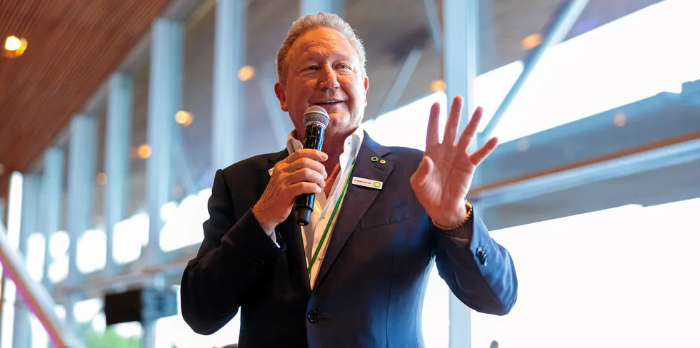 Andrew 'Twiggy' Forrest speaking at the Green Hydrogen Global Assembly's opening night reception in Barcelona.