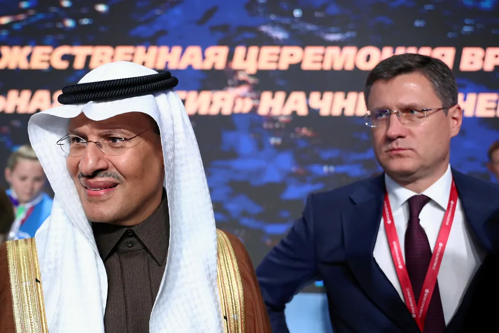 Saudi Energy Minister Abdulaziz Bin Salman and Russian Energy Minister Alexander Novak attending the Energy Week International Forum in Moscow in October 2019