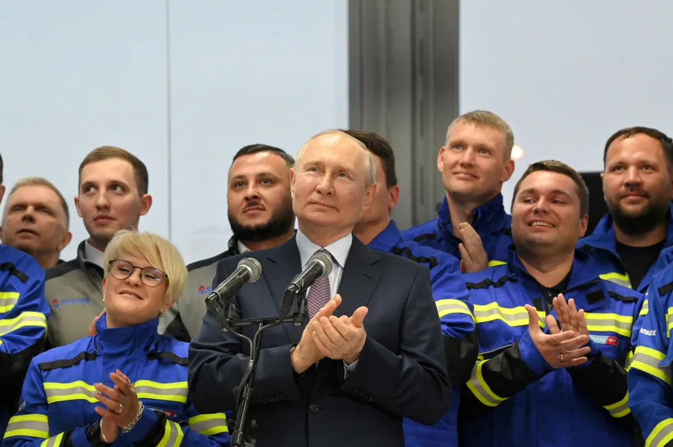 Russian President Vladimir Putin (centre) launches the Arctic LNG 2 project’s first train during a visit to the construction centre at Belokamenka, near Murmansk last week.
