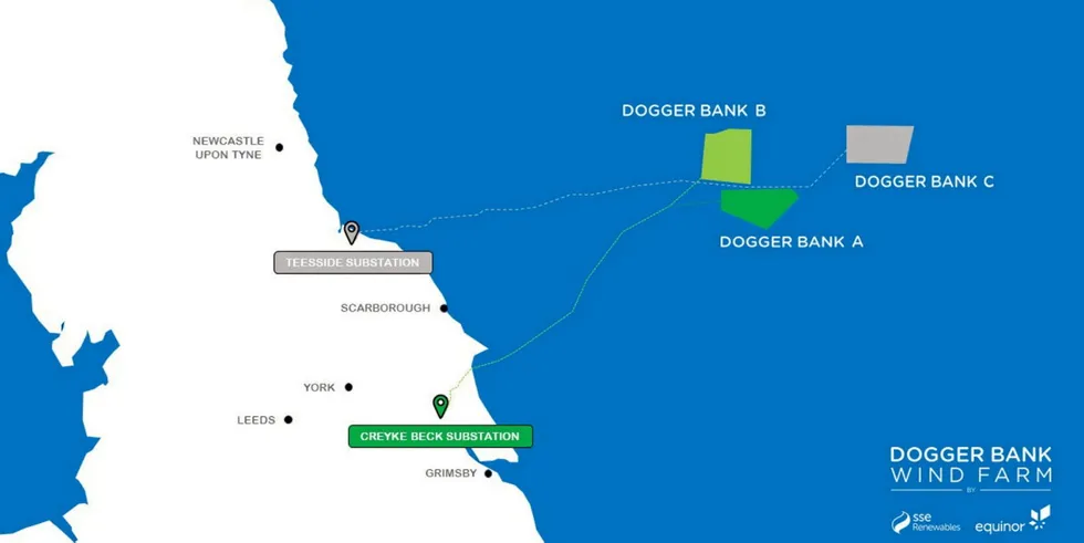 Map of the three-phase Dogger Bank offshore wind project