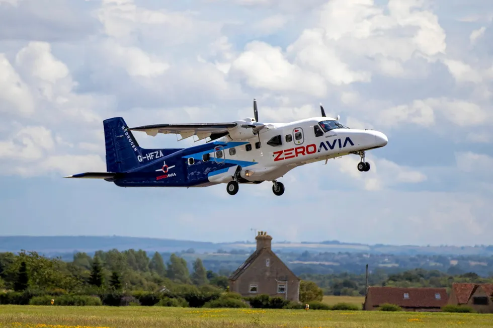 A ZeroAvia hydrogen-powered aircraft on en early test flight in July 2023.