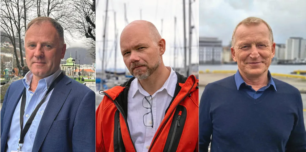 Pelagisk Forenings Kristian Sandtorv (t.v.), Kystfiskarlagets Tom Vegar Kiil og Fiskarlagets Kåre Heggebø er kritisk til at nærings nå får sin tredje statsråd på ett år.