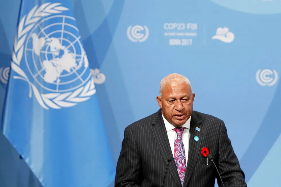 Hopeful: Frank Bainimarama, the new President of COP23, speaks during the opening session of the COP23 UN Climate Change Conference 2017, hosted by Fiji but held in Bonn, Germany