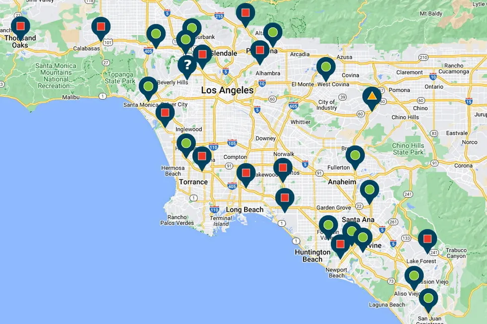 A screenshot of the station map on the H2FCP website, showing the Los Angeles metropolitan area, taken at about 8am California time on Monday. The red squares signify offline stations, with the green circles showing those that are open (the question mark shows a station closed for refurbishment and the orange triangle shows a site with limited supply).