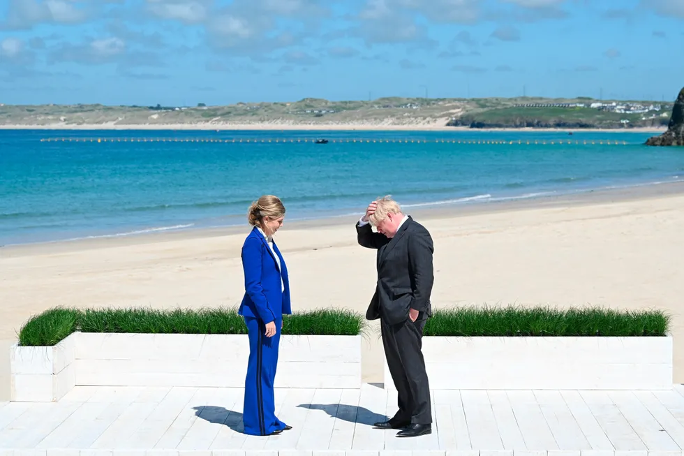Førstedamen. Statsminister Boris Johnson og Carrie Johnson før G7 toppmøtet i Cornwall i 2021.