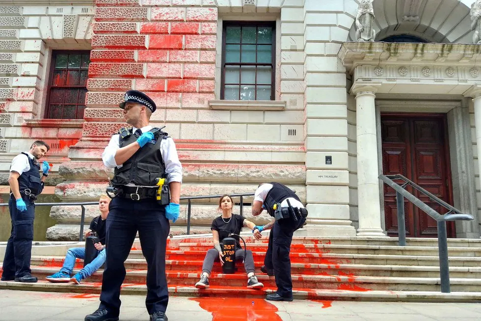 Paint job: Just Stop Oil protesters sprayed red paint over government buildings in London after Shell got the nod for the Jackdaw gas development in the North Sea