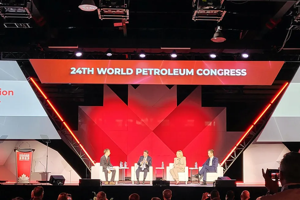 Josu Jon Imaz, chief executive of Repsol, Julie Sweet, chief executive of Accenture, and Alexis von Hoensbroech, chief executive of WestJet, in a panel discussion at WPC.