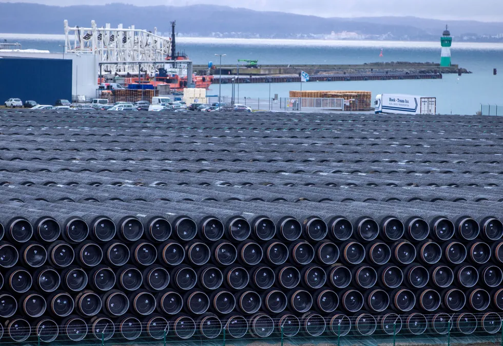 Pipes of contention: concrete-coated pipes, stored in the German port of Mukran, are waiting to be laid offshore Denmark as part of the Nord Stream 2 pipeline project