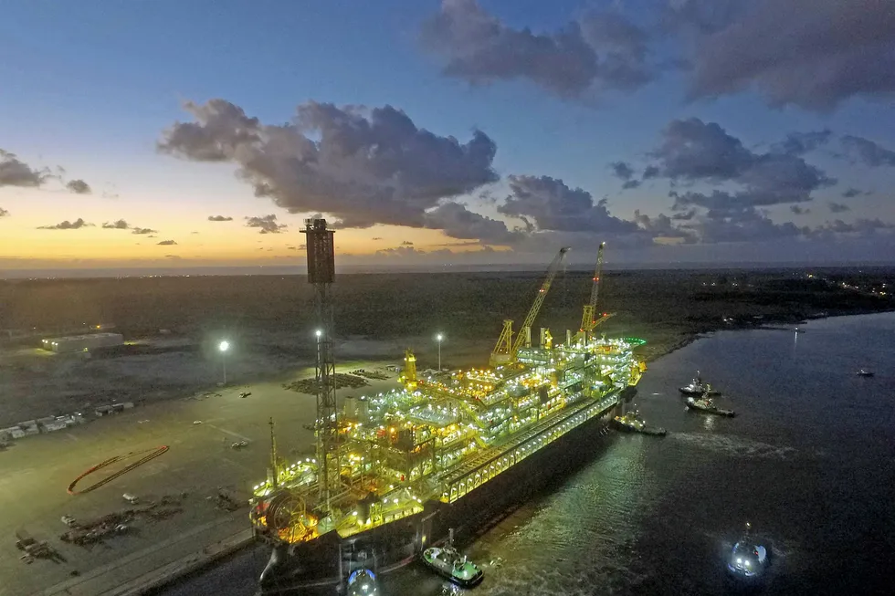 Recent addition: the Petrobras P-74 FPSO on its way to Buzios field in Santos basin off Brazil