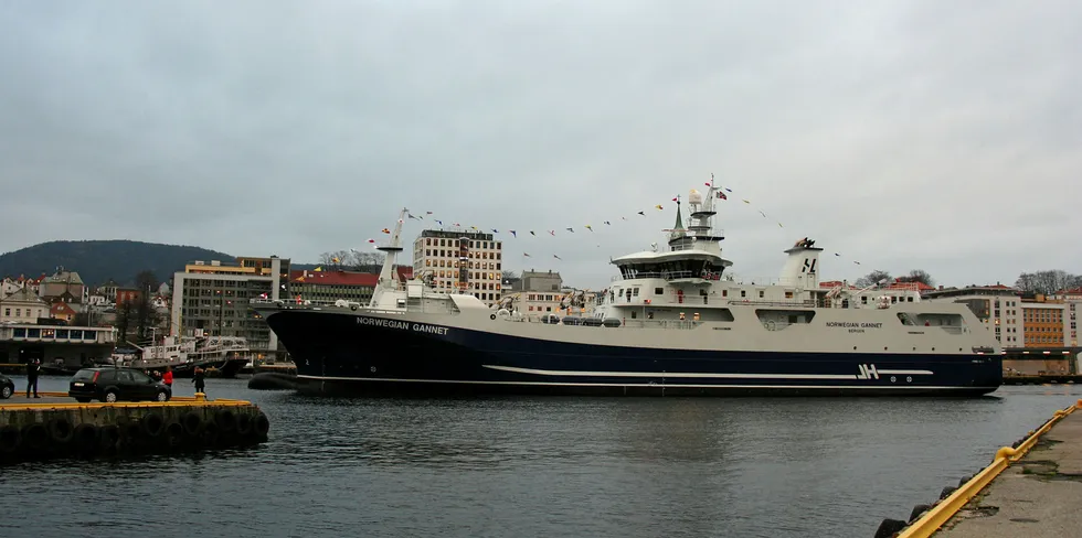 Slaktebåten Norwegian Gannet, her fra Bergen 16. november – dagen før dåpen