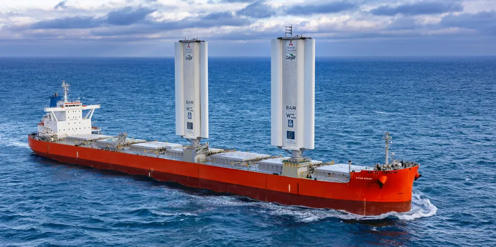 Wind-assisted vessel propulsion technology undergoing six-month trial on bulk carrier Pyxis Ocean.