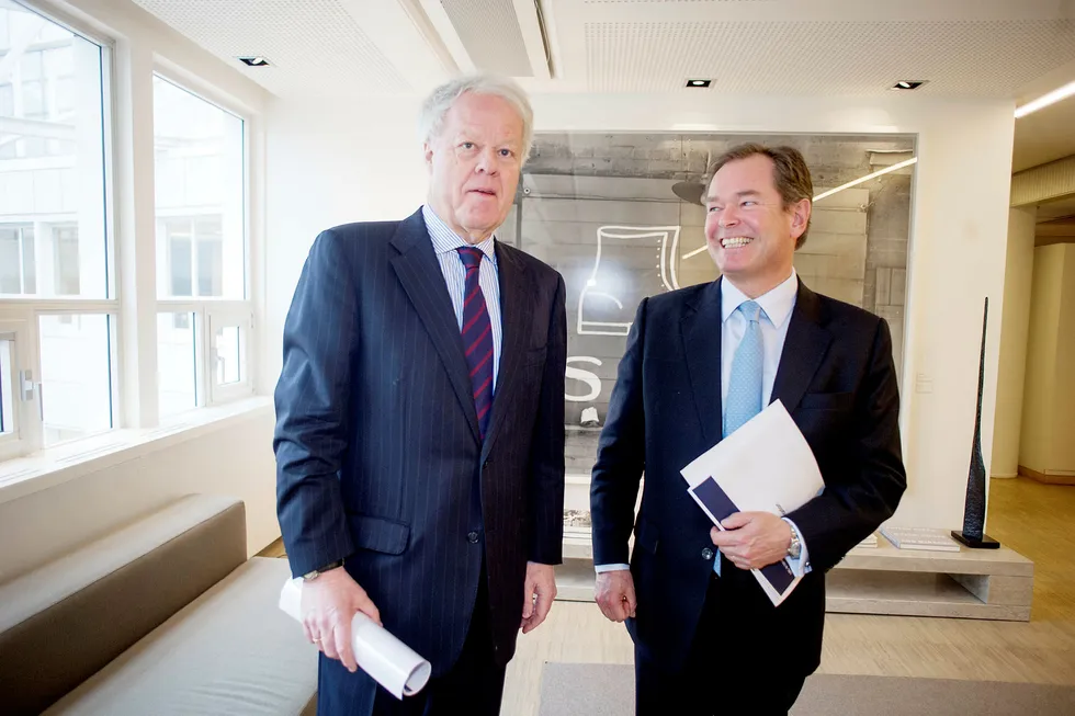 Finansnestor Jan Petter Collier og påtroppende styreleder Knut Brundtland (til høyre) i meglerhuset ABG Sundal Collier.