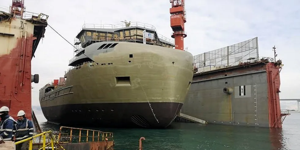 «Gåsø Høvding» blir verdens største brønnbåt når den tas i bruk i løpet av 2021. Her fra sjøsetting i Tyrkia i januar.