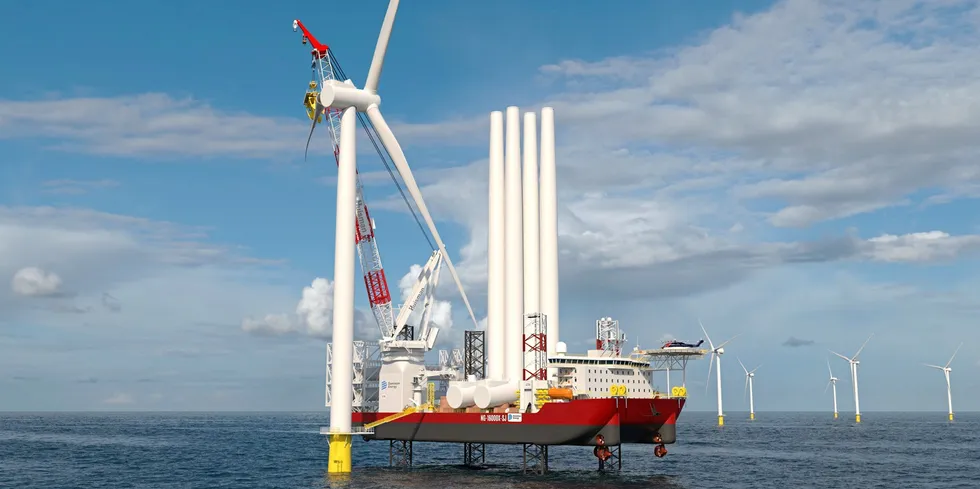 An artist's rendering shows Dominion Energy's newbuilding wind turbine installation vessel Charybdis. The WTIV is under construction at Keppel AmFELS in Texas.