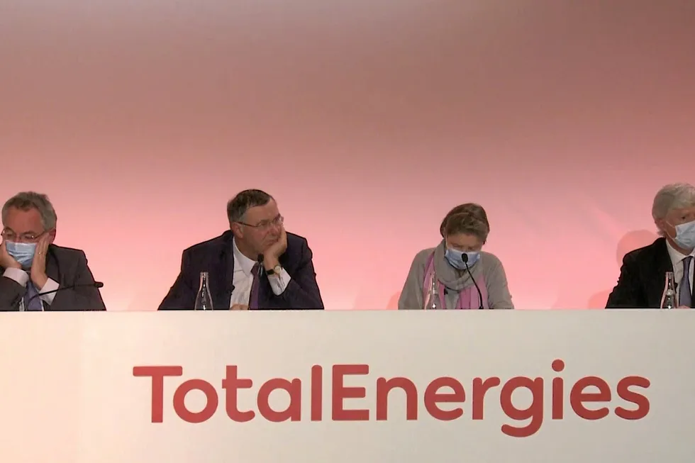 Renamed: Total executives, including chief executive Patrick Pouyanne (second left), at the company's results presentation in Paris this week