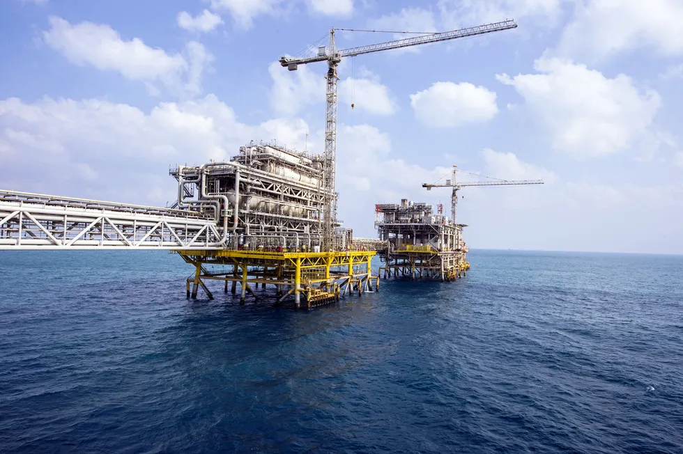 Operations: an offshore facility at one of Aramco's largest oilfields