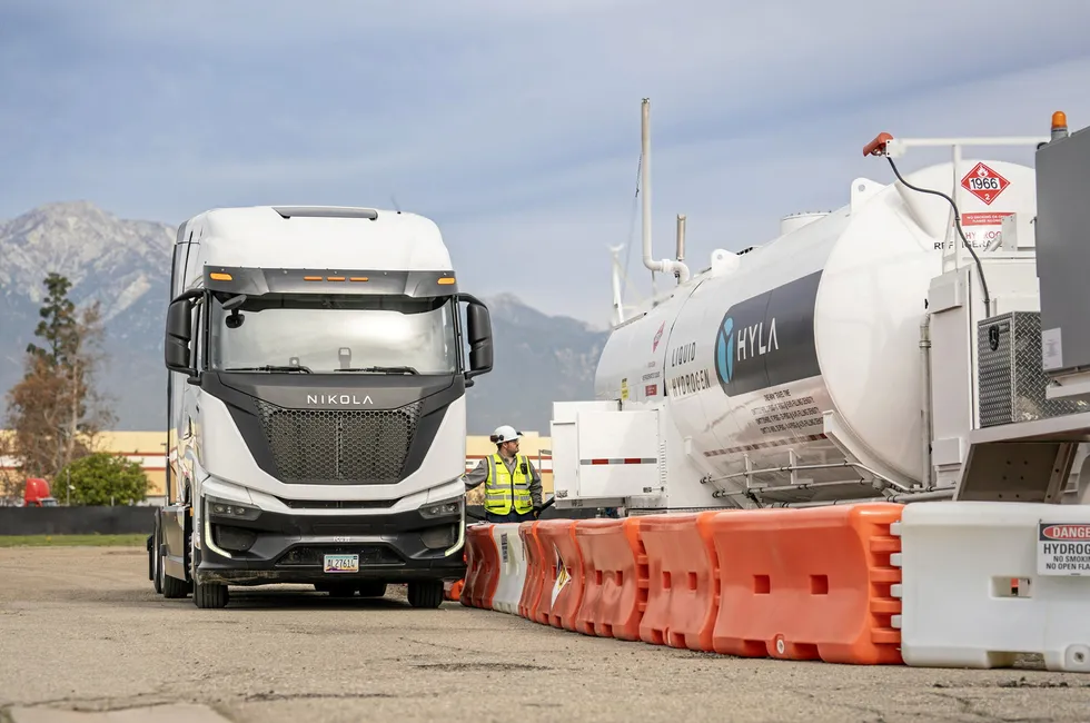 A Nikola hydrogen truck being filled up at the company's temporary refuelling unit in Ontario, southern California.