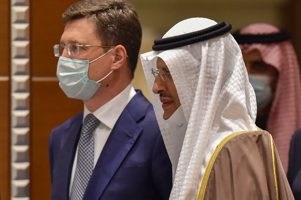 Let's make a deal: Saudi Minister of Energy Abdulaziz bin Salman (right) and his Russian counterpart Alexander Novak struck a deal with other Opec+ members this week that fuelled an oil price rise
