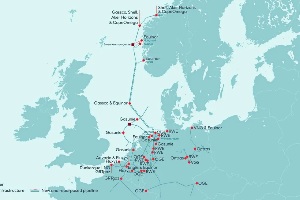Map of Gasunie's planned North Sea hydrogen pipeline network.