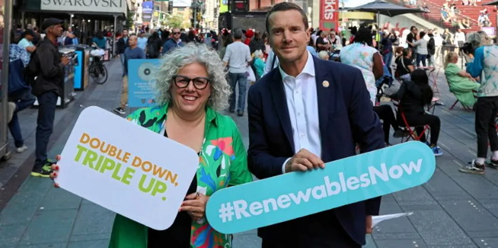 Bruce Douglas CEO of the Global Renewables Alliance (R), pictured with Rana Adib executive director of the Renewable Energy Policy Network for the 21st Century