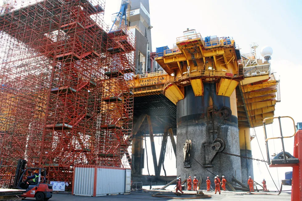 Rig centrepiece: A semi-submersible rig undergoing repair work at Walvis Bay port in Namibia.